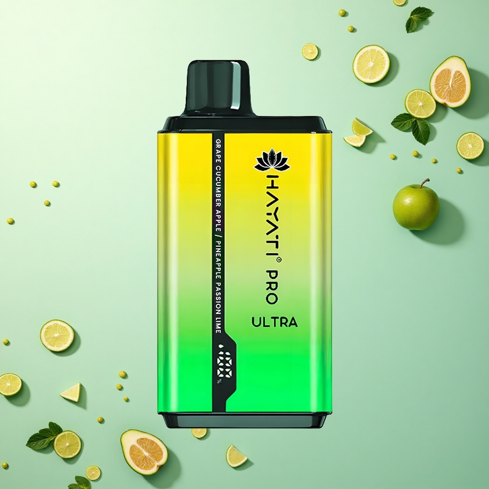 Hayati Pro Ultra 15000 Puffs Druif Komkommer Appel Ananas Passie Lim met 850mAh en 2% nicotine