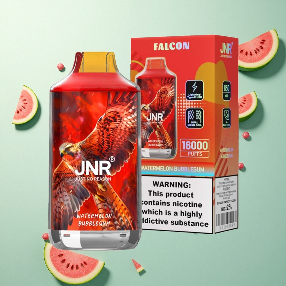 JNR Falcon 16000 Watermeloen Kauwgom 850 mAh 22ml Dual Mesh Coil Smart LED Display Nicotine 0% 2%